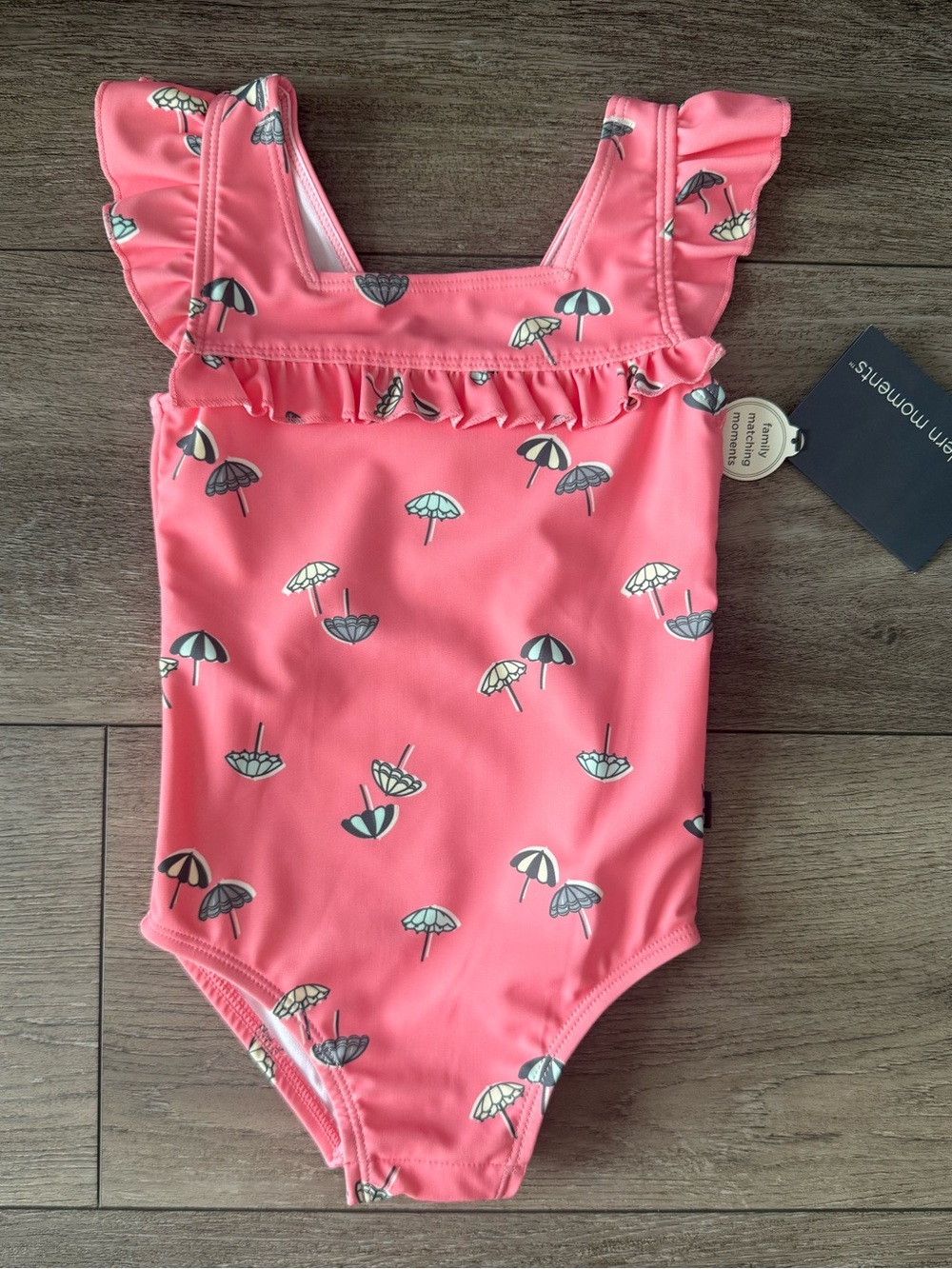 Girls One Piece Swimsuit • Coral Pink Umbrella Print • Size 18 M • NEW